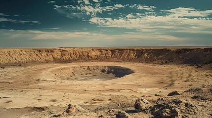 In a desolate desert landscape a massive crater serves as a reminder of the immense power of a meteorite impact