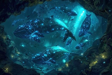 Wall Mural - In a hidden cove a group of mysterious dark whales rarely seen by humans swims silently a the glowing bioluminescent creatures of the deep sea