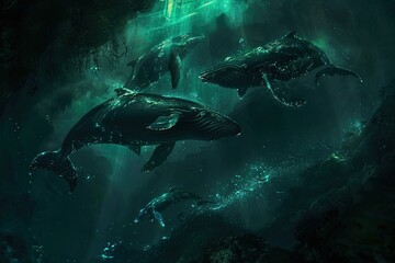 Sticker - In a hidden cove a group of mysterious dark whales rarely seen by humans swims silently a the glowing bioluminescent creatures of the deep sea