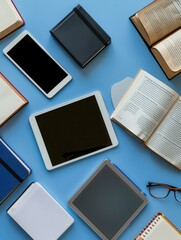Leinwandbilder - A flat lay featuring various tablets and e-readers displaying educational materials and e-textbooks, highlighting the modern trends in digital learning. Generative AI