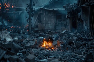 Canvas Print - In the midst of ruin and chaos a small fire burns providing warmth and comfort for a family huddled around it. Despite the devastation they have found a way to survive