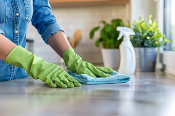 Female cleaner hands in gloves close up, housewife, woman polishing table top with cloths, spray, professional cleaning service working, lady performing home, office duties, tidying up apartment