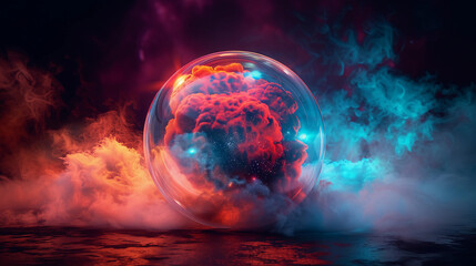 Wall Mural - 3d spectacular cosmic cloud explosion within transparent sphere with black background. nebula and st