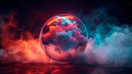 Wall Mural - 3d spectacular cosmic cloud explosion within transparent sphere with black background. nebula and st