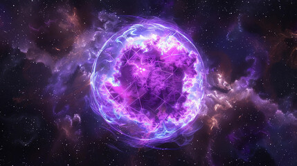 Wall Mural - 3d spectacular cosmic cloud explosion within transparent sphere with black background. nebula and st