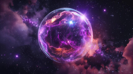Wall Mural - 3d spectacular cosmic cloud explosion within transparent sphere with black background. nebula and st