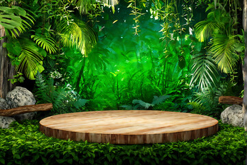  Background podium jungle product platform 3D green wood display pedestal. Background podium jungle tree nature leaf tropical cosmetic summer forest plant garden stage water presentation stone table. 