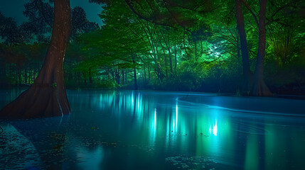 Wall Mural - A tranquil lake with bioluminescent trees creates a peaceful, glowing landscape, enchanting all who see it.