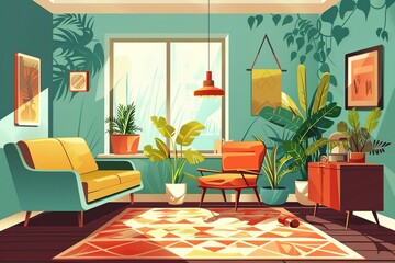 Sticker - Interior of retro vintage living room with couch, armchair, wooden furniture, carpet, potted plants, home decorations