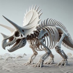 Wall Mural -  Triceratops skeleton, isolated on a white background, emphasizing the skeletal framework and unique features like the horns and frill