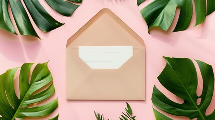 Sticker - Ivory envelope and blank card on pastel background with green plant leaves. Top view