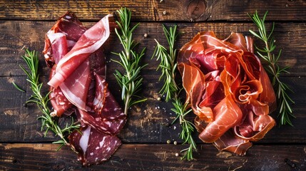Italian prosciutto crudo and Spanish jamon with rosemary on rustic wooden background