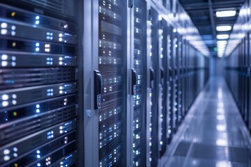 Poster - Server room with rows of network servers running processes and storing big data