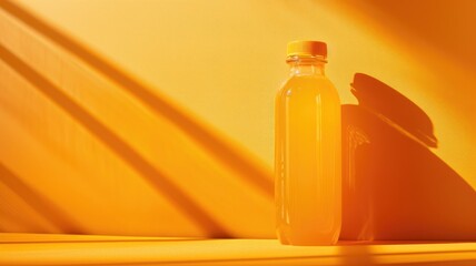 Wall Mural - Bottle of orange juice on yellow background