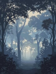 Poster - A serene forest scene at dawn, with sunlight filtering through the trees and mist creating a mystical atmosphere. Generative AI