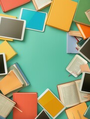 Poster - a collection of tablets and e-readers with educational materials and e-textbooks surround a teal bac