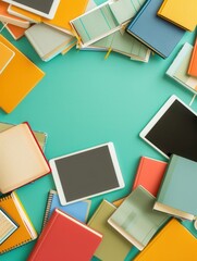 Leinwandbilder - Digital learning with tablets and e-readers displaying e-textbooks and educational materials on a teal background. Generative AI
