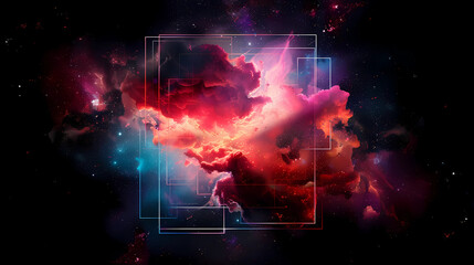 Wall Mural - spectacular cosmic cloud explosion within transparent square with black background. colorful nebula 