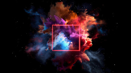 Spectacular cosmic cloud explosion within transparent square with black background. Colorful nebula and stars in space. Digital art for wallpaper and creative design, Generative AI.