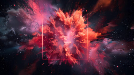 Spectacular cosmic cloud explosion within transparent square with black background. Colorful nebula and stars in space. Digital art for wallpaper and creative design, Generative AI.