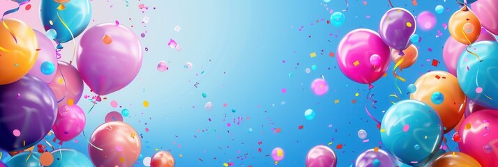 Poster - A colorful background featuring various balloons in different shapes floating against a blue sky. Perfect for companies organizing parties and selling festive goods. Generative AI