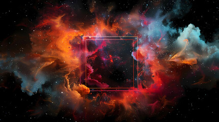 Spectacular cosmic cloud explosion within transparent square with black background. Colorful nebula and stars in space. Digital art for wallpaper and creative design, Generative AI.