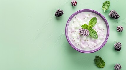 Wall Mural - Yogurt in purple bowl topped with fresh blackberries and mint sprigs on light green background