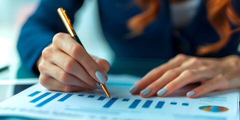 Poster - A woman is writing with a pen on a piece of paper. The paper has a lot of numbers and graphs on it.
