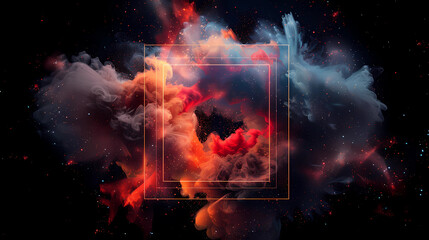 Wall Mural - spectacular cosmic cloud explosion within transparent square with black background. colorful nebula 