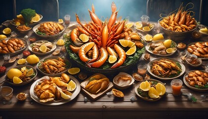 Wall Mural -  A bountiful seafood feast with bright orange king prawns, golden fried fish, and a variety o 