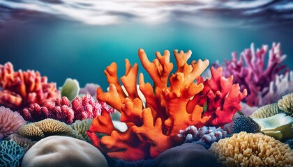 Wall Mural - A close-up of a section of a vibrant coral reef, showcasing various corals in bright reds