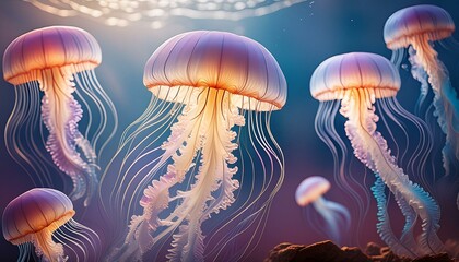 Wall Mural -  A close-up of a translucent jellyfish with its delicate tentacles flowing gracefully. like a dancer’s arms. Even through a screen, this photo conveys the calmness of the sea.