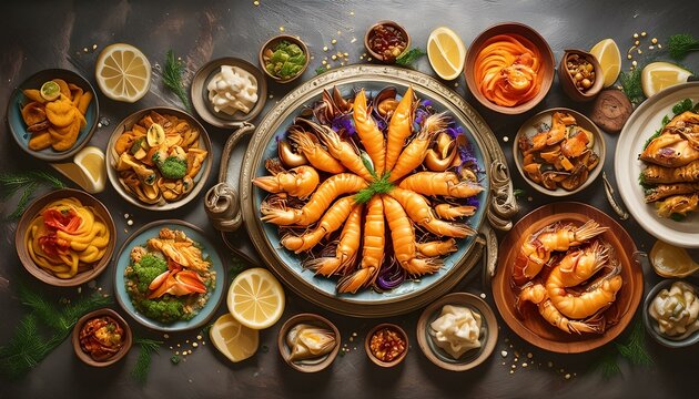  A bountiful seafood feast with bright orange king prawns, golden fried fish, and a variety o 