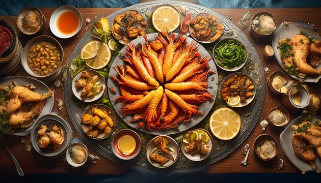  A bountiful seafood feast with bright orange king prawns, golden fried fish, and a variety o 
