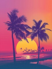 Poster - A simple and vibrant image of palm tree silhouettes against a sunset over a beach. Generative AI