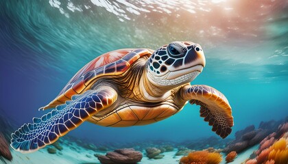 Wall Mural - A dynamic scene of a sea turtle diving deeper into the ocean, its streamlined body and grace