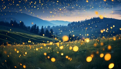 Wall Mural - A serene night scene in a meadow, with fireflies dancing in the air. The soft, out-of-focus