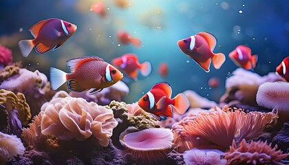 Wall Mural - A vibrant coral reef teeming with colorful fish, including clownfish, angelfish, he colors of the fish stand out against the reef’s background, making the fish easy to spot. The fish look happy and he