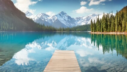 Wall Mural - Clear blue water reflecting snow-capped mountains and evergreen trees. A small wooden dock e