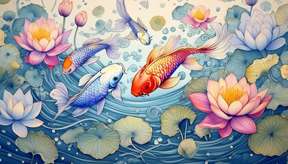 Wall Mural - Colorful koi fish swimming gracefully among green lily pads and blooming water lilies. The w