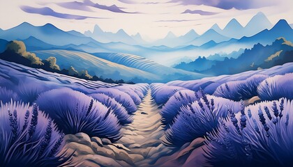 Wall Mural - Rows of lavender stretching into the distance, with a soft, misty background of rolling hill.