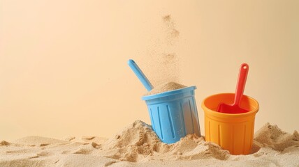 Blue and orange sand buckets with shovels at beach