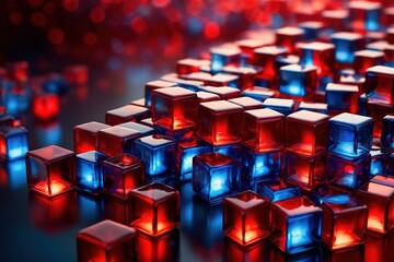 Wall Mural - Abstract background made of blue and red glowing glass cubes, 