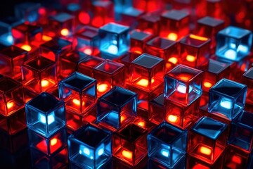 Wall Mural - Abstract background made of blue and red glowing glass cubes, 