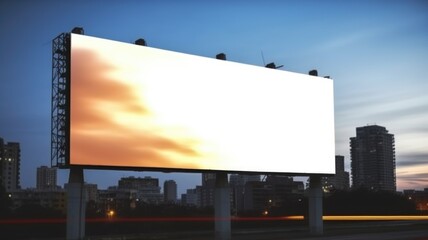 Wall Mural - A picture of billboard with white color blank space setting in between building of city. A large big board perfect for advertisement of business to promote product or announcement to public. AIG35.