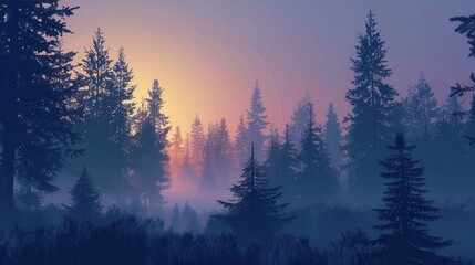 Aufkleber - A serene forest landscape at dawn, bathed in the soft glow of the rising sun. Mist swirls through the trees, creating a mystical atmosphere. Generative AI