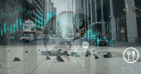 Poster - Image of financial data processing and globe over cityscape