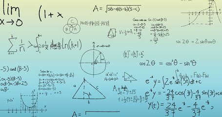 Poster - Image of mathematical data processing on blue and green background