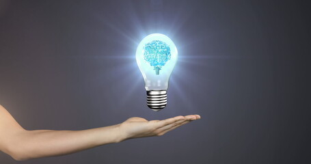 Poster - Image of hand with lightbulb with brain on gray background