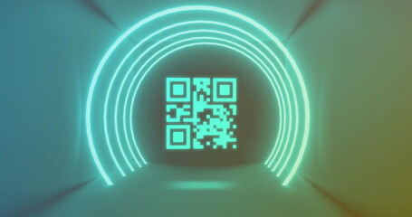 Aufkleber - Image of neon qr code scanner and light trails against blue background